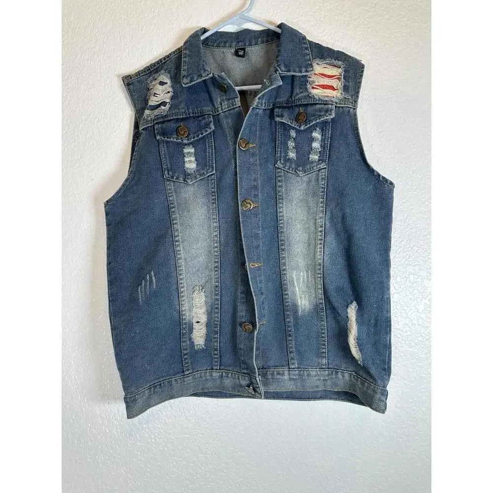 Distressed Denim Motorcycle Jacket Ripped Slashed Patched